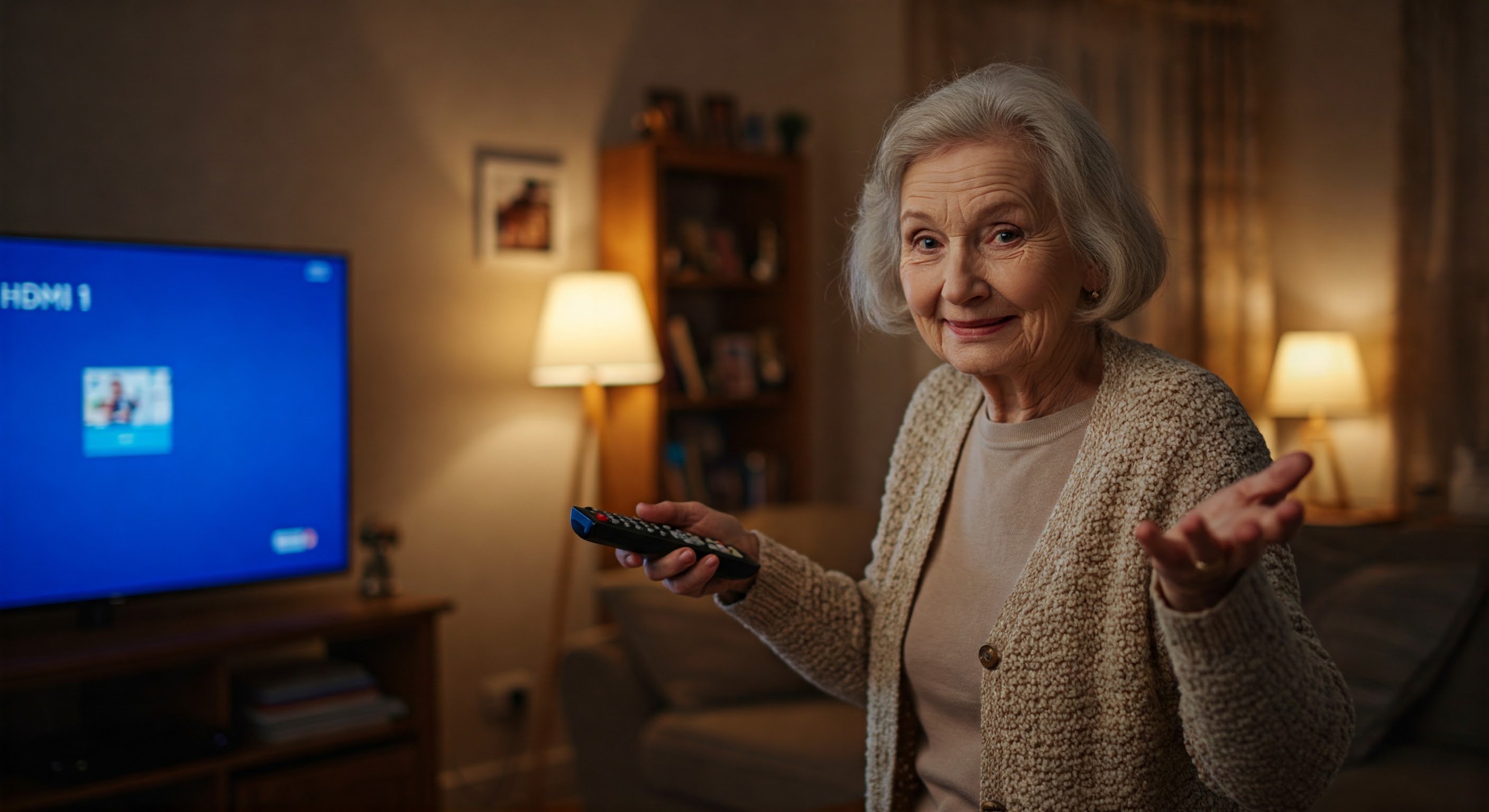 Eldre kvinne med fjernkontroll som ikke får til TV'en sin.